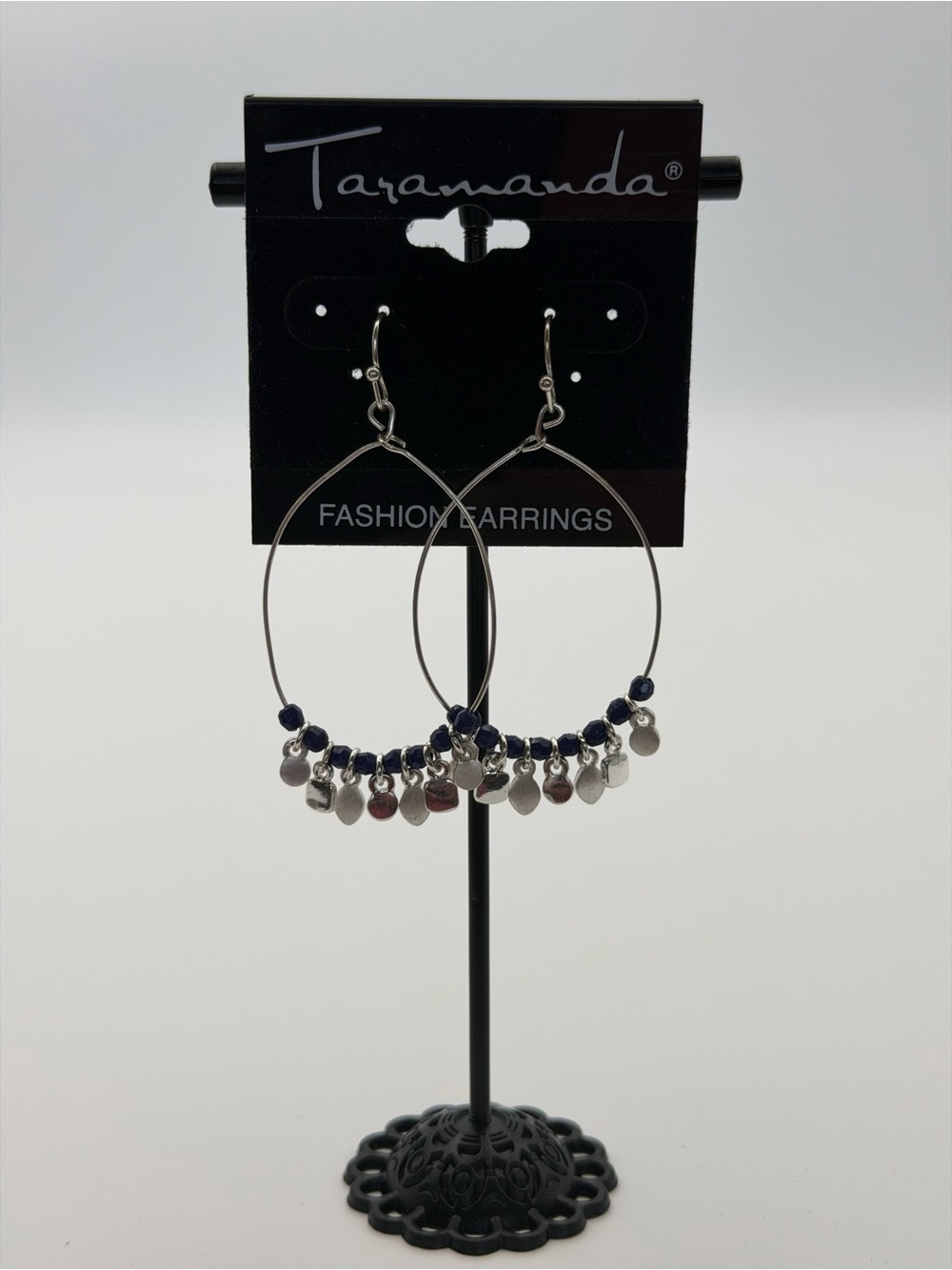 Taramanda Silver Tone Hoop Earrings with Navy Accents